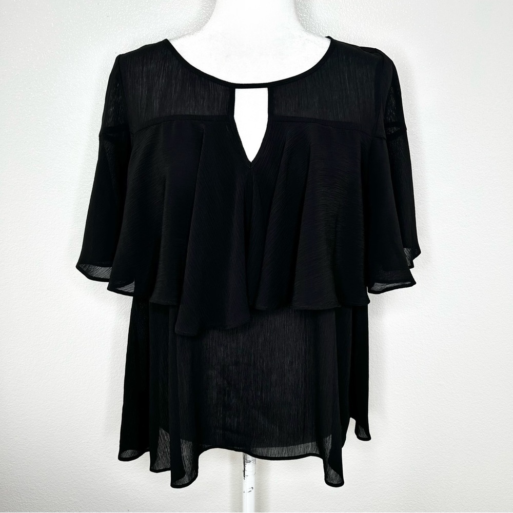 Ann Taylor Womens Black Ruffled Short Sleeve Oversized Top Blouse Size XS/S EUC